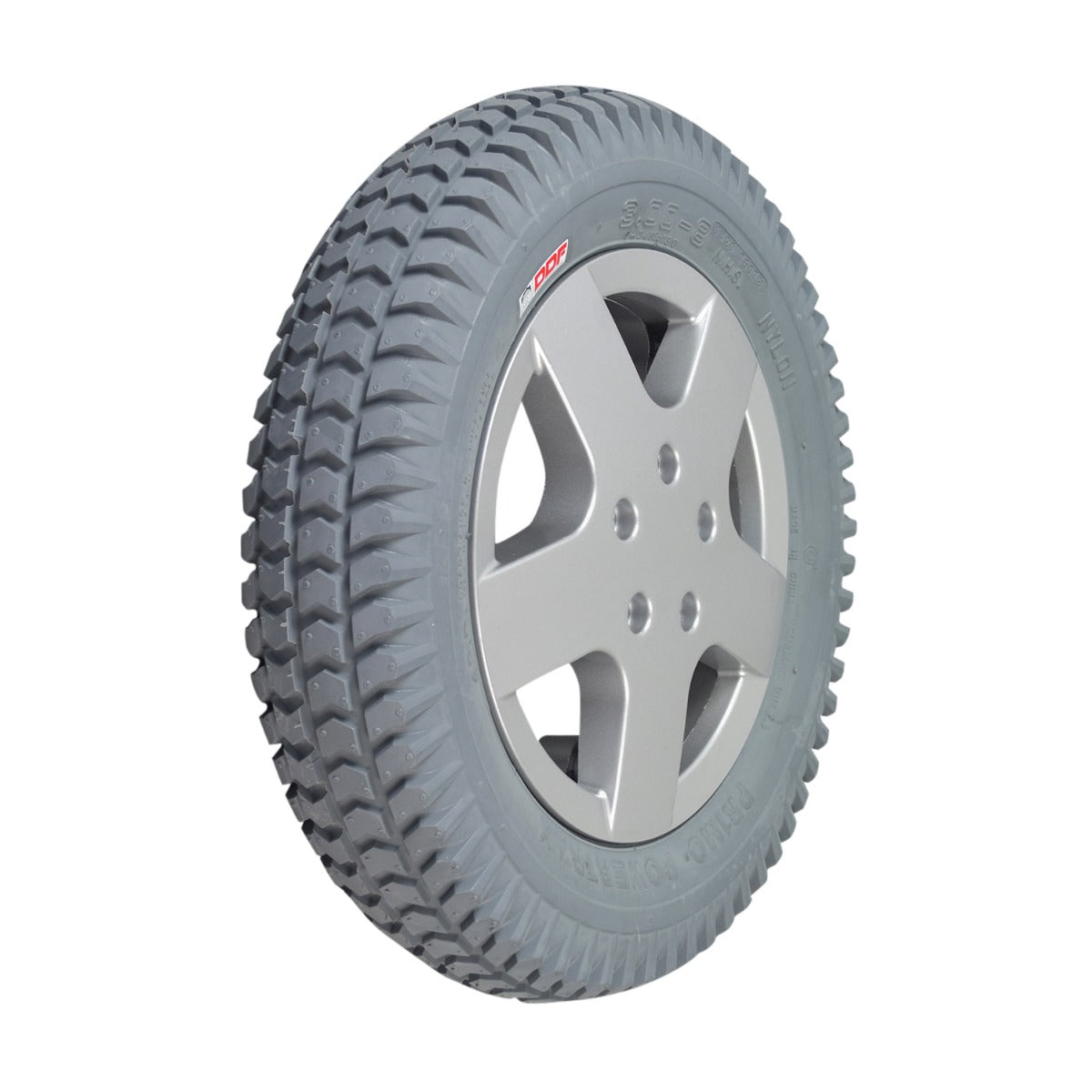 14x3 (3.00-8) Foam Filled Drive Wheel Assembly for Invacare 3G Storm Series, TDX SP, & TDX SI Power Chairs, featuring a gray Primo Powertrax tire on a 5-bolt silver rim.