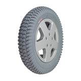 14x3 (3.00-8) Foam Filled Drive Wheel Assembly for Invacare 3G Storm Series, TDX SP, & TDX SI Power Chairs, featuring a gray Primo Powertrax tire on a 5-bolt silver rim.