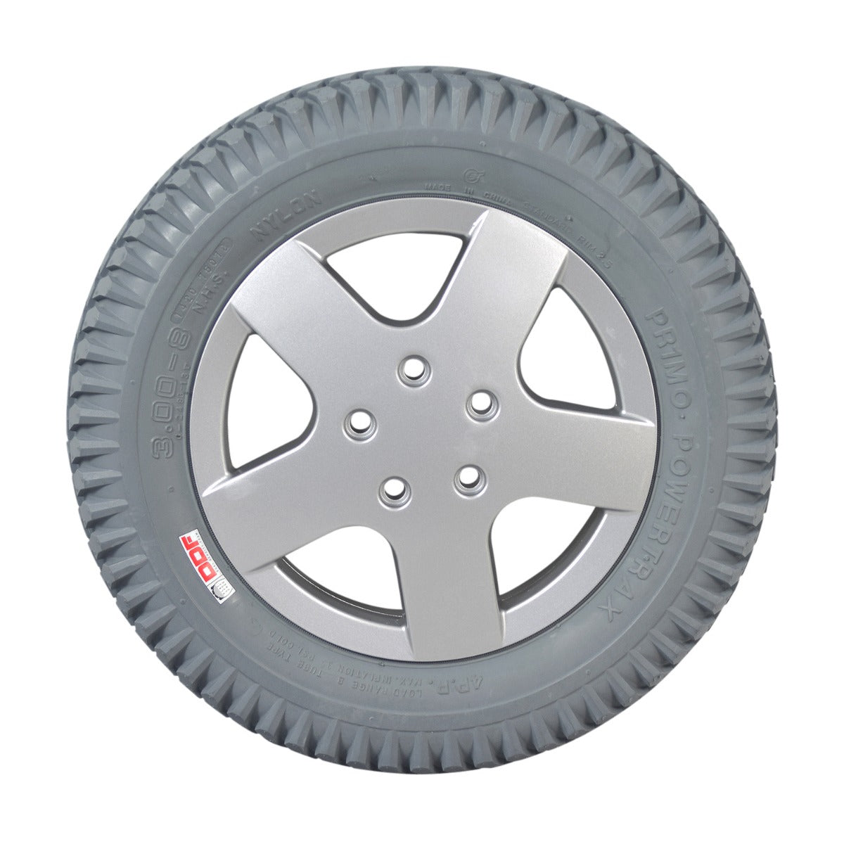 14x3 (3.00-8) Foam Filled Drive Wheel Assembly for Invacare 3G Storm Series, TDX SP, & TDX SI Power Chairs, featuring a gray Primo Powertrax tire on a 5-bolt silver rim.