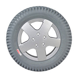 14x3 (3.00-8) Foam Filled Drive Wheel Assembly for Invacare 3G Storm Series, TDX SP, & TDX SI Power Chairs, featuring a gray Primo Powertrax tire on a 5-bolt silver rim.