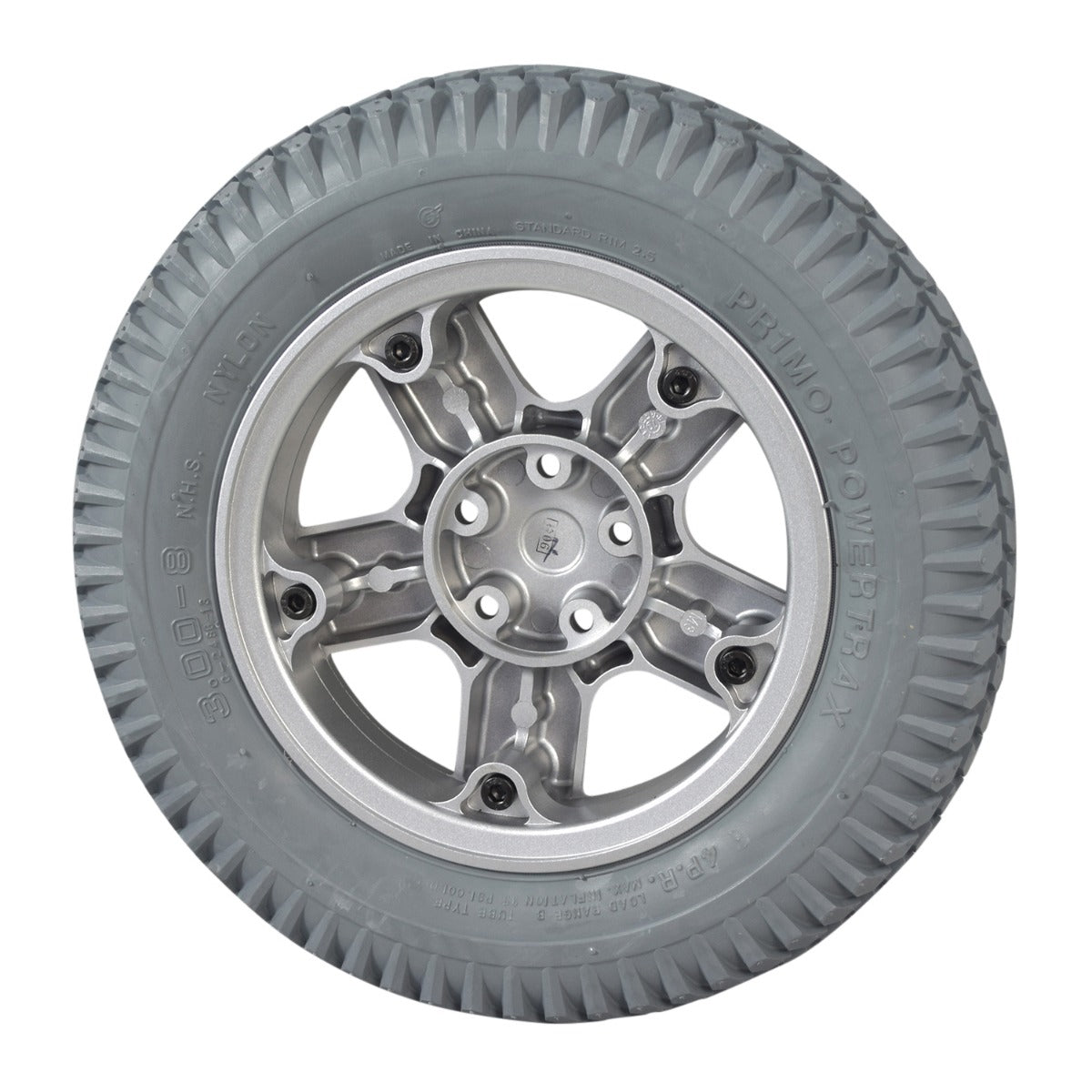 14x3 (3.00-8) Foam Filled Drive Wheel Assembly for Invacare 3G Storm Series, TDX SP, & TDX SI Power Chairs featuring a gray tire on a silver 5-bolt rim.