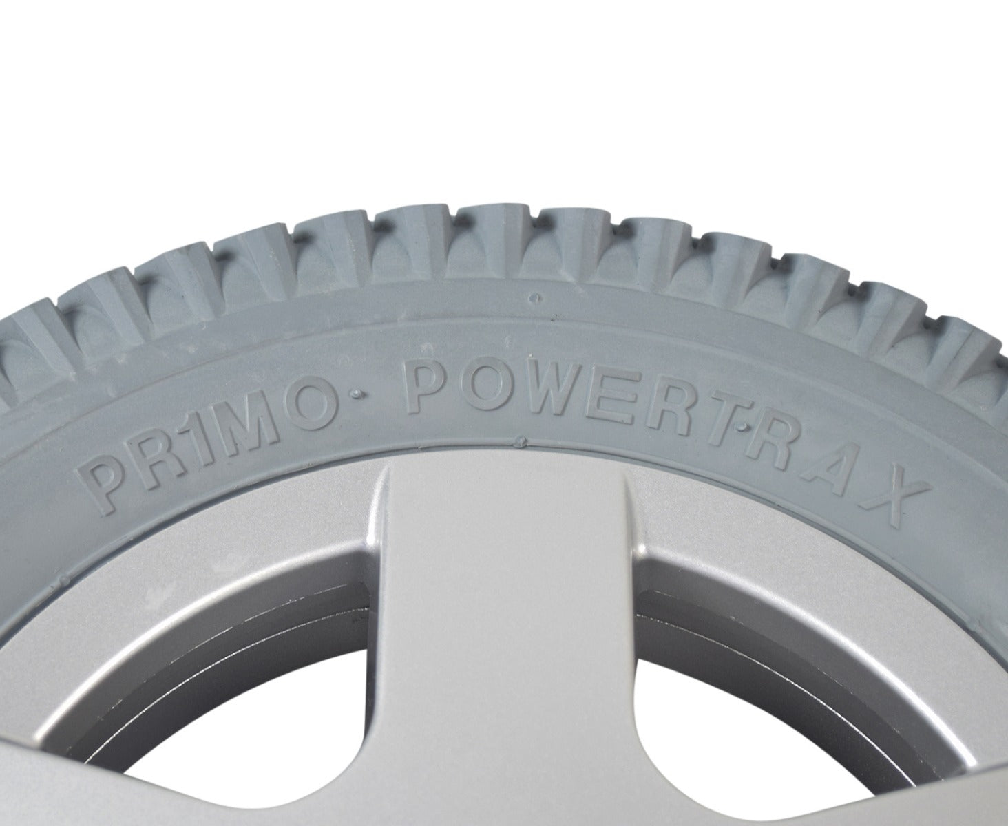 14x3 (3.00-8) Foam Filled Drive Wheel Assembly for Invacare power chairs, featuring a gray Primo Powertrax tire on a 5-bolt silver rim, close-up view highlighting the tire tread and rim.