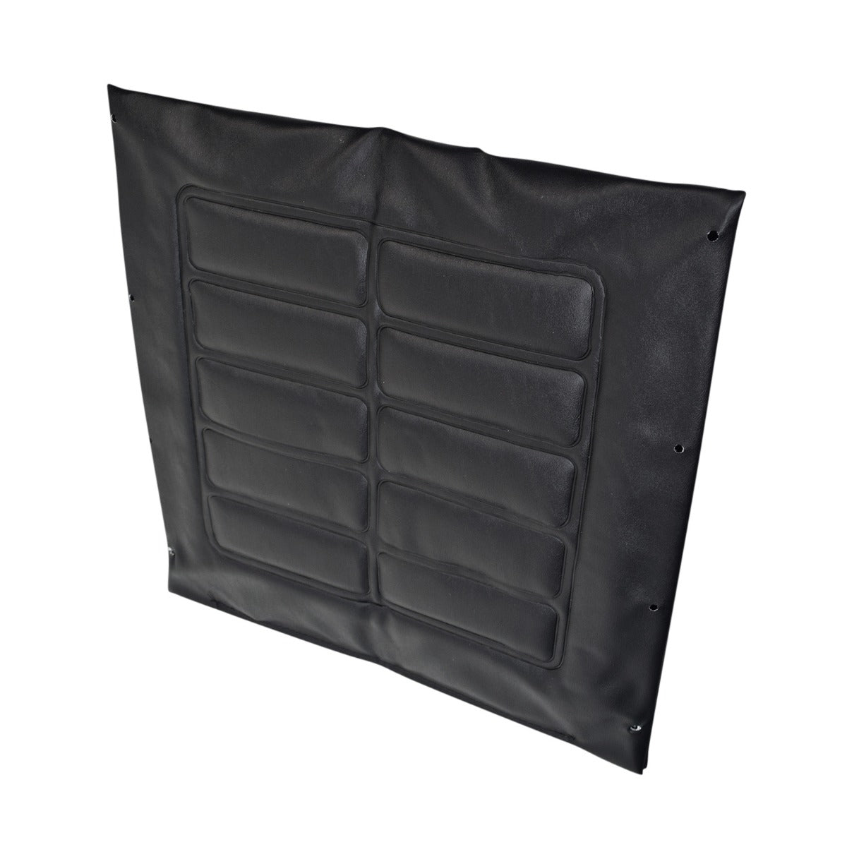 18x16 Black Vinyl Seat Back Upholstery for Invacare Tracer Series Wheelchairs, featuring a black square design with stitching and mounting holes, close-up of textured leather surface.