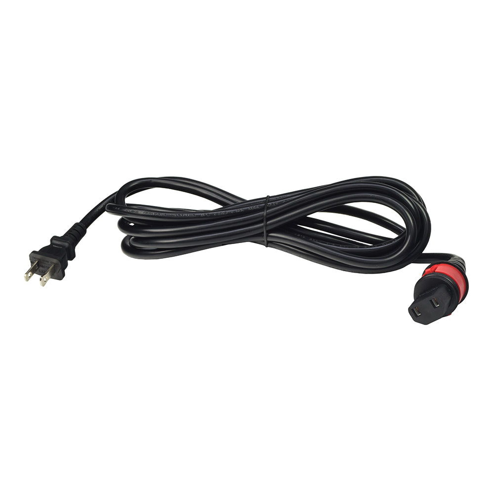 Battery Charger Power Cord for the Invacare Reliant Patient Lift, featuring a rolled black cable with a 2-pin US household male plug and a 2-pin shrouded female connector.