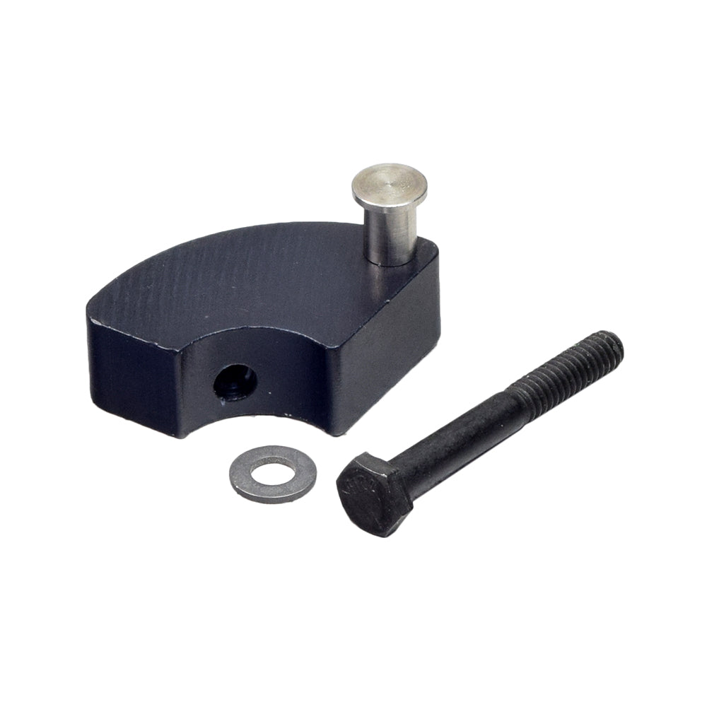 Sector Block for Invacare Power Chairs & Wheelchairs: close-up of a black metal piece with a bolt and nut, essential household hardware for securing chair components.