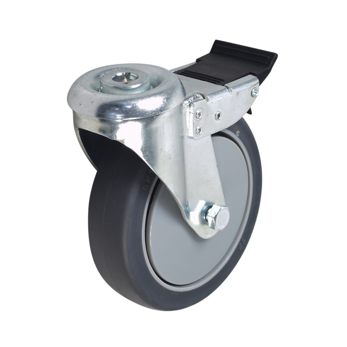 Rear 5 Caster Assembly with Swivel and Brake for Invacare Patient Lifts, featuring a metal wheel rim, visible nuts, and close-up of metal parts, designed for smooth mobility and secure locking.