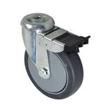 Rear 5 Caster Assembly with Swivel and Brake for Invacare Patient Lifts, featuring a metal rim, grey wheel, and black rubber tire, designed for smooth mobility and stability.