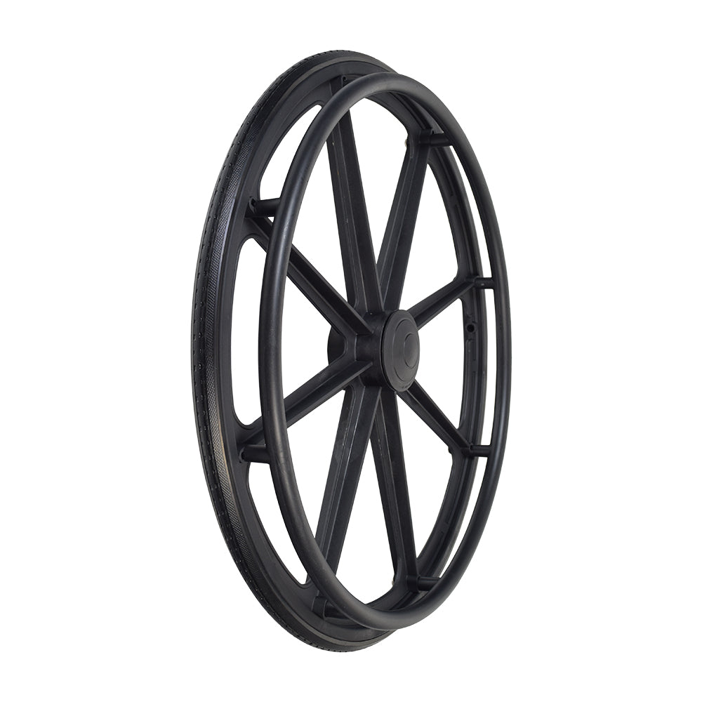 23 Wheel Assembly with Handrim for the Invacare Mariner Shower Chair, featuring a solid, treaded urethane tire with spokes.