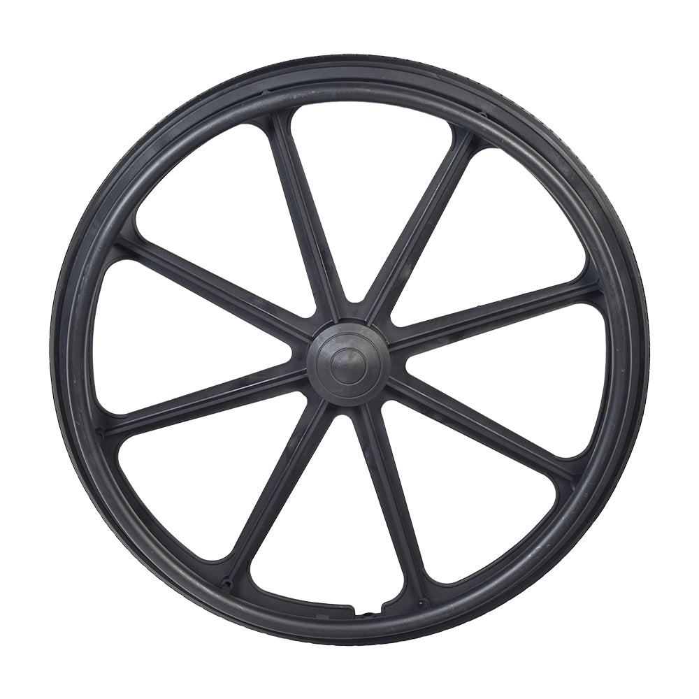 23 Wheel Assembly with Handrim for the Invacare Mariner Shower Chair, showcasing a black wheel with spokes and a solid, treaded urethane tire. Mounting hardware not included.