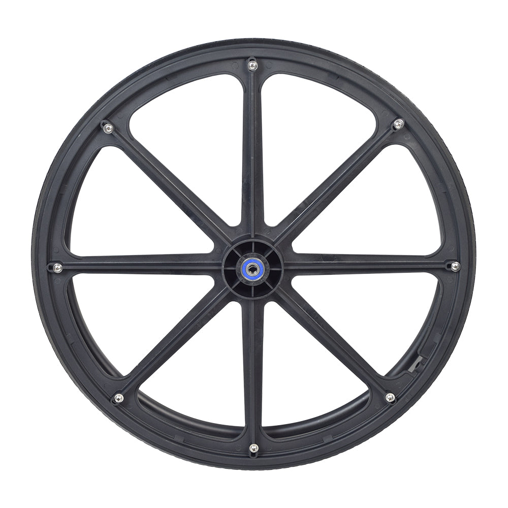 23 Wheel Assembly with Handrim for the Invacare Mariner Shower Chair, showcasing a close-up of the black, spoked wheel with a solid, treaded urethane tire.