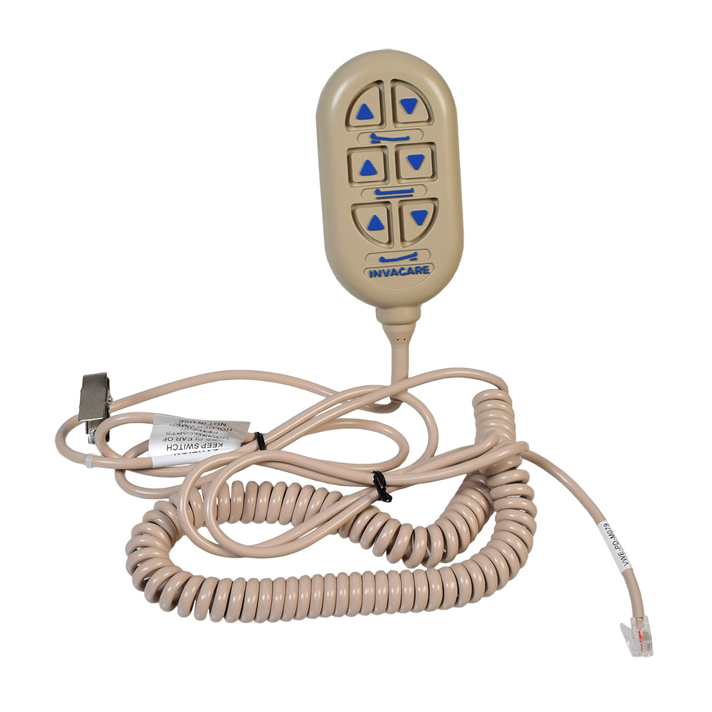 6-Button Hand Control Pendant for Invacare IH720 & SC900 Long Term Care Beds (026935) with a coiled cord, blue buttons, and a telephone jack connector, designed to control bed adjustments.