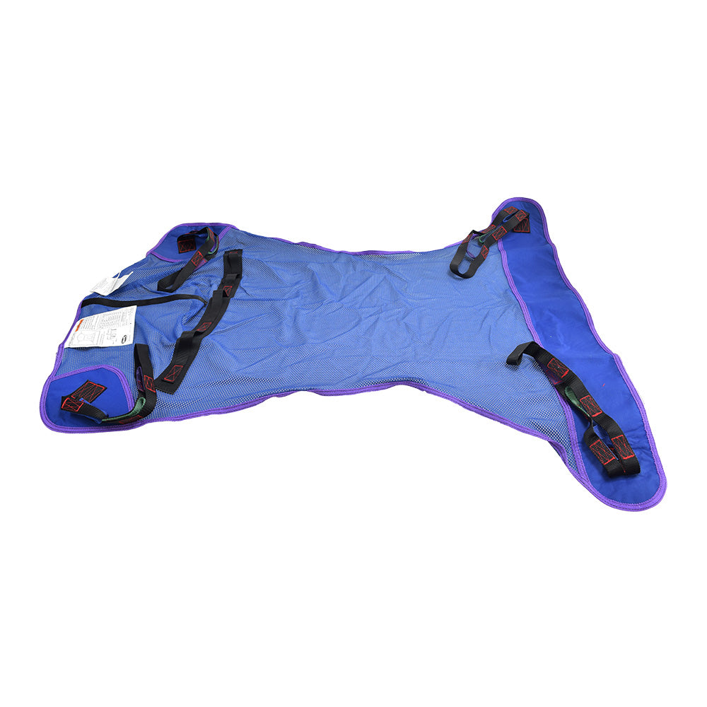 Medium Full Body Mesh Sling for Invacare Patient Lifts, featuring black straps and blue and purple mesh fabric, designed for transferring users safely from bed to wheelchair or other surfaces.