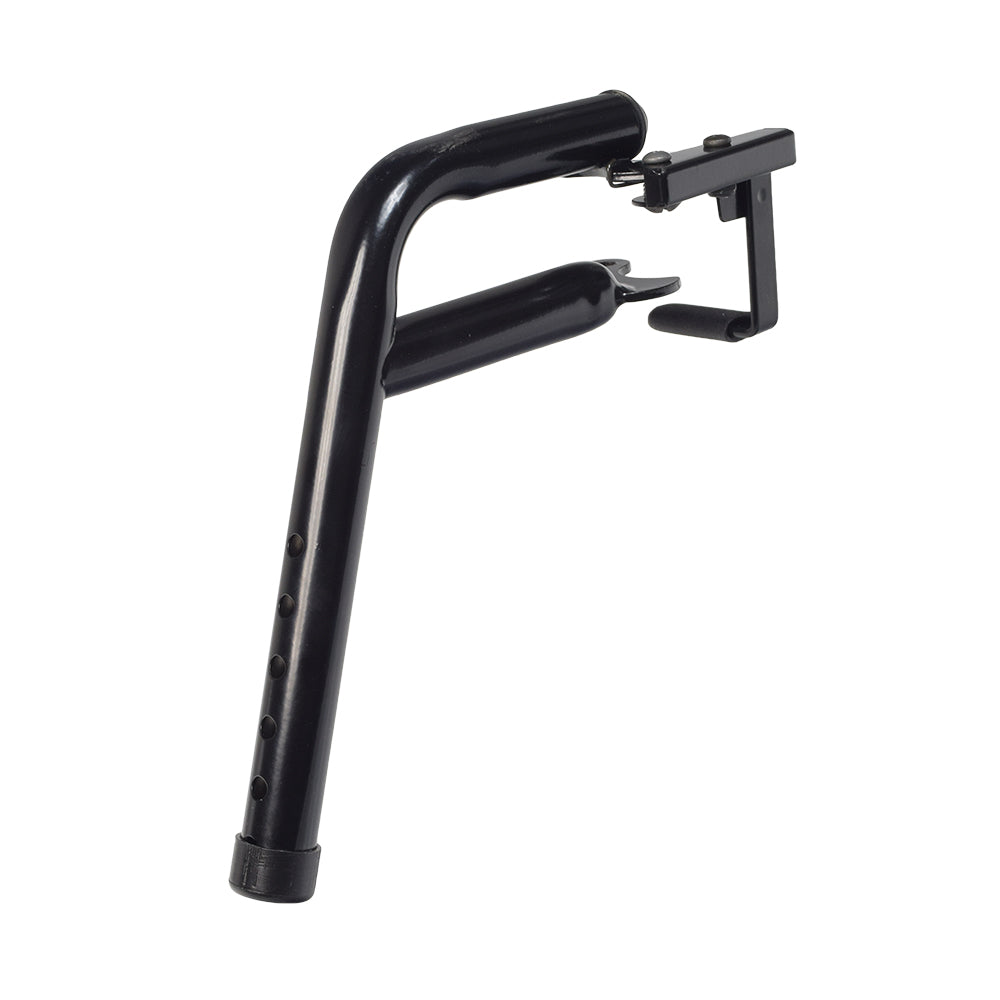 Hemi Footrest Support Assembly for the Invacare Pronto M50, M51, & M61 with SureStep, showing a black metal hanger with a sturdy handle, part of the Invacare PHW93 footrest system.