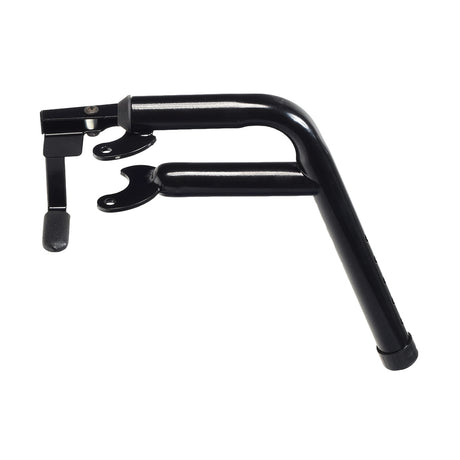 Hemi Footrest Support Assembly for the Invacare Pronto M50, M51, & M61 with SureStep, featuring a black metal stand with a handle and screws, essential for left or right side configuration.