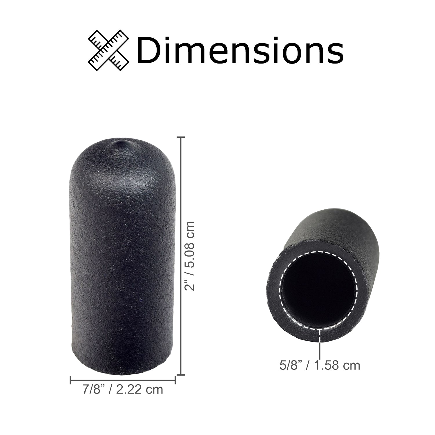 Black Rubber Tips for 5/8 Round Invacare Style Wheelchair Wheel Locks Extensions (Set of 2), showing a black cylindrical rubber tip with a hole in the middle, designed for easy wheel lock engagement.