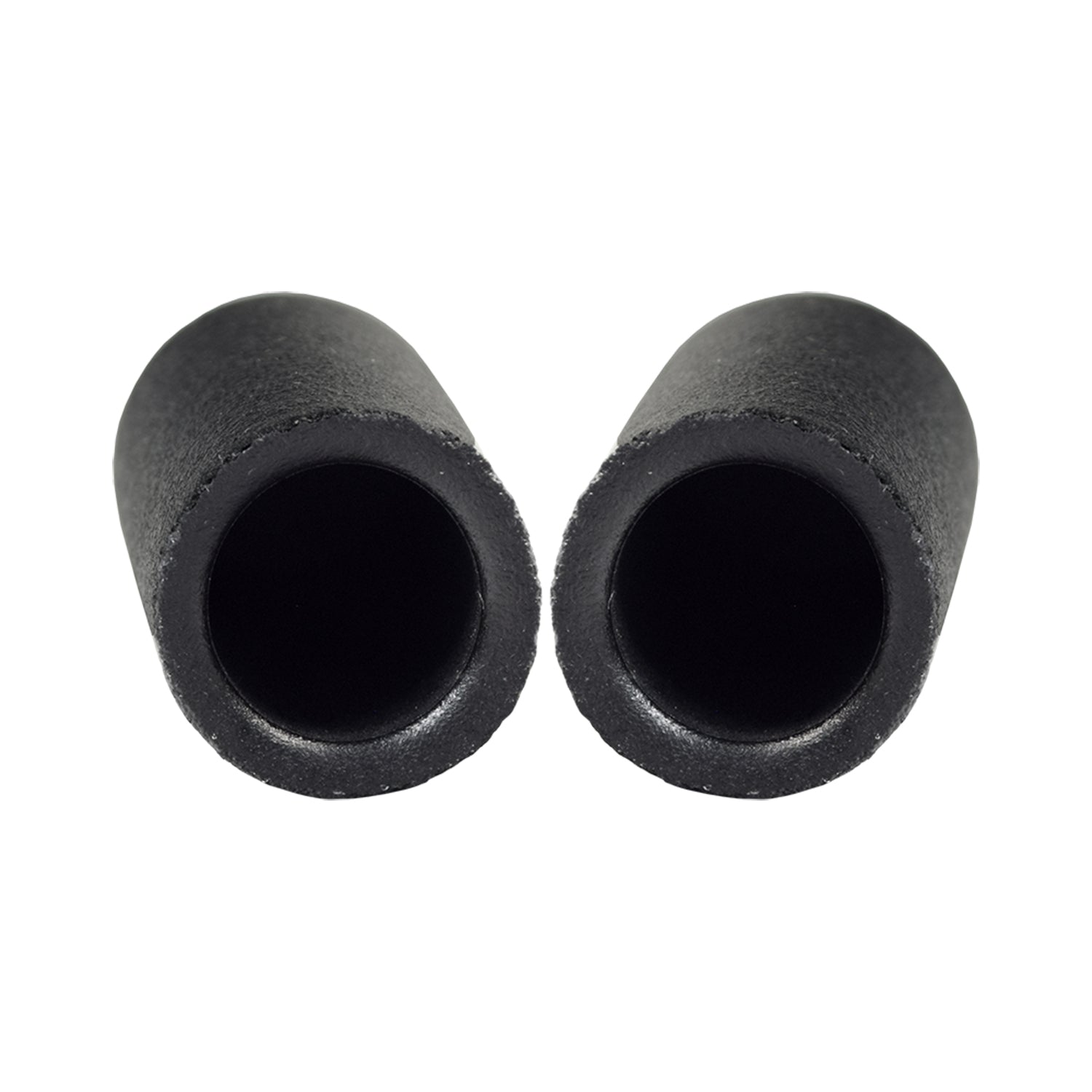 Black Rubber Tips for 5/8 Round Invacare Style Wheelchair Wheel Locks Extensions (Set of 2) shown close-up, highlighting their cylindrical shape and central hole for easy wheel lock engagement.