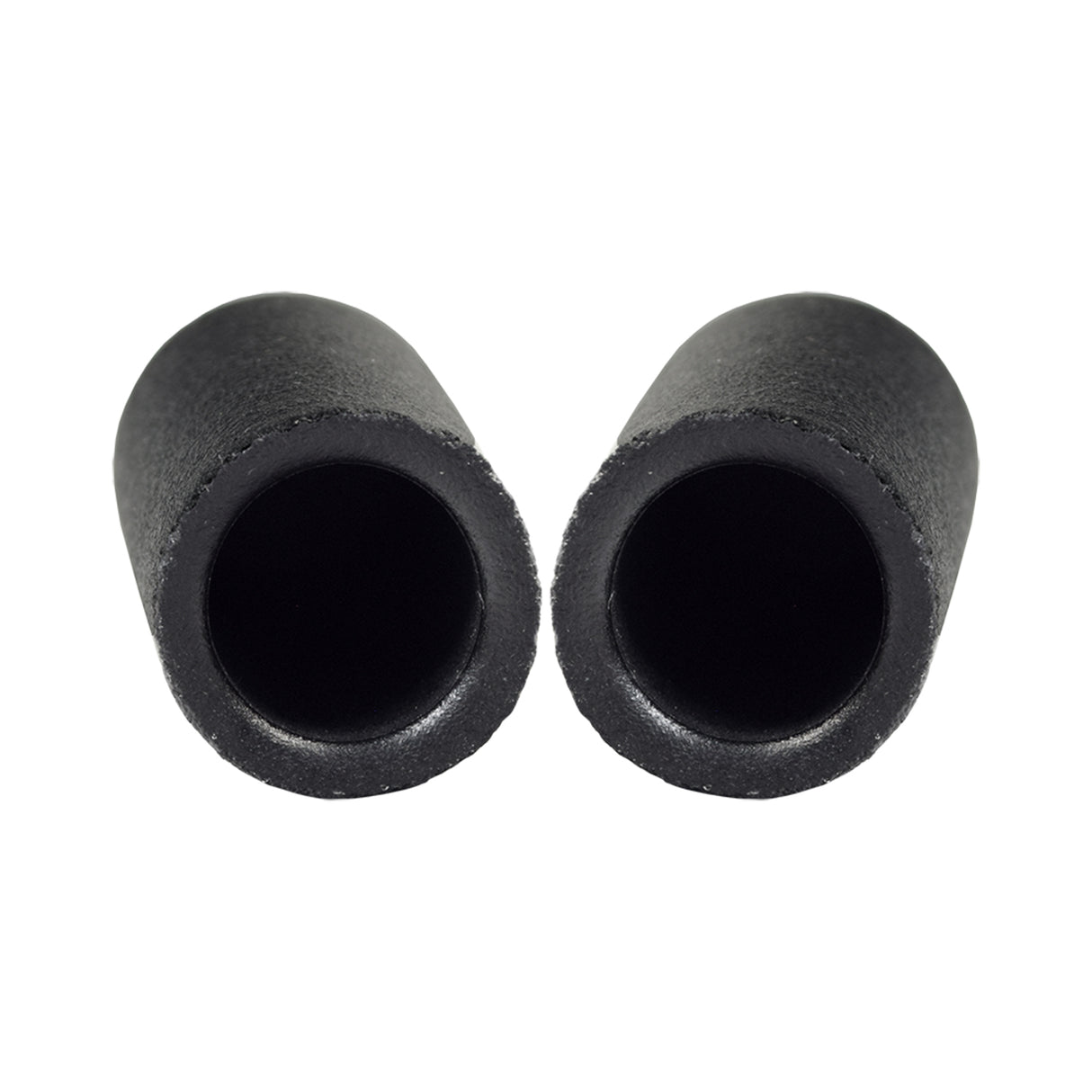 Black Rubber Tips for 5/8 Round Invacare Style Wheelchair Wheel Locks Extensions (Set of 2) shown close-up, highlighting their cylindrical shape and central hole for easy wheel lock engagement.