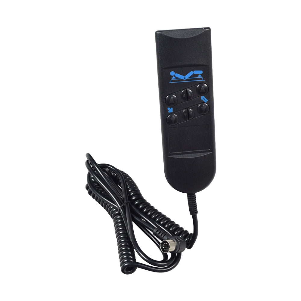 Hand Pendant for the Invacare Value Care Semi-Electric Homecare Bed (VC5310), featuring a remote control with an attached cord and a circular connector with male pins.