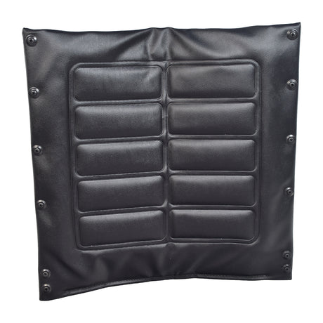 Black Vinyl Seat Cushion for the Invacare Tracer Series Manual Wheelchair, featuring a black, buttoned design, crafted from durable vinyl and provided with 12 mounting screws and countersink finish washers.