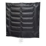 Black Vinyl Seat Cushion for the Invacare Tracer Series Manual Wheelchair, featuring a black leather-like surface and a white tag, designed for easy installation with included screws and washers.