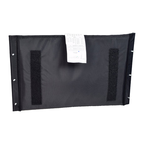 Headrest Kit for the Invacare 9000 XT Recliner Wheelchair, featuring a black fabric bag with a white label, including hook & loop fasteners, six button snaps, and metal inserts.