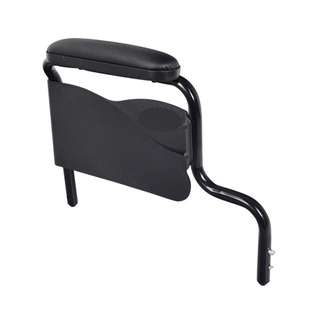 Desk Length Armrest Assembly for the Invacare 9000 SL Wheelchair, featuring a black armrest pad, metal frame with a curved front tube, and included hardware for easy installation.