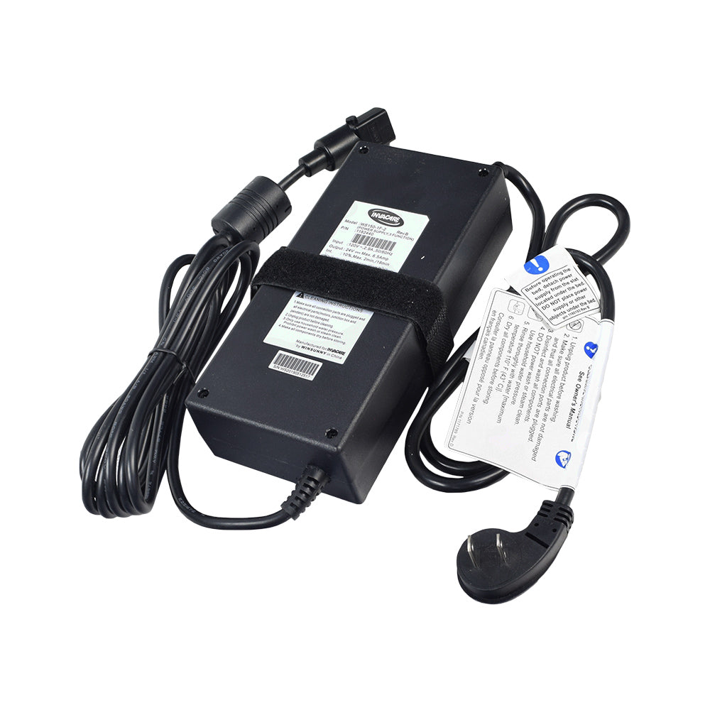 Power Supply for Invacare G-Series Full Electric Bed (G5510) featuring a black power cord with a white label and a close-up of the black cable and power supply unit.