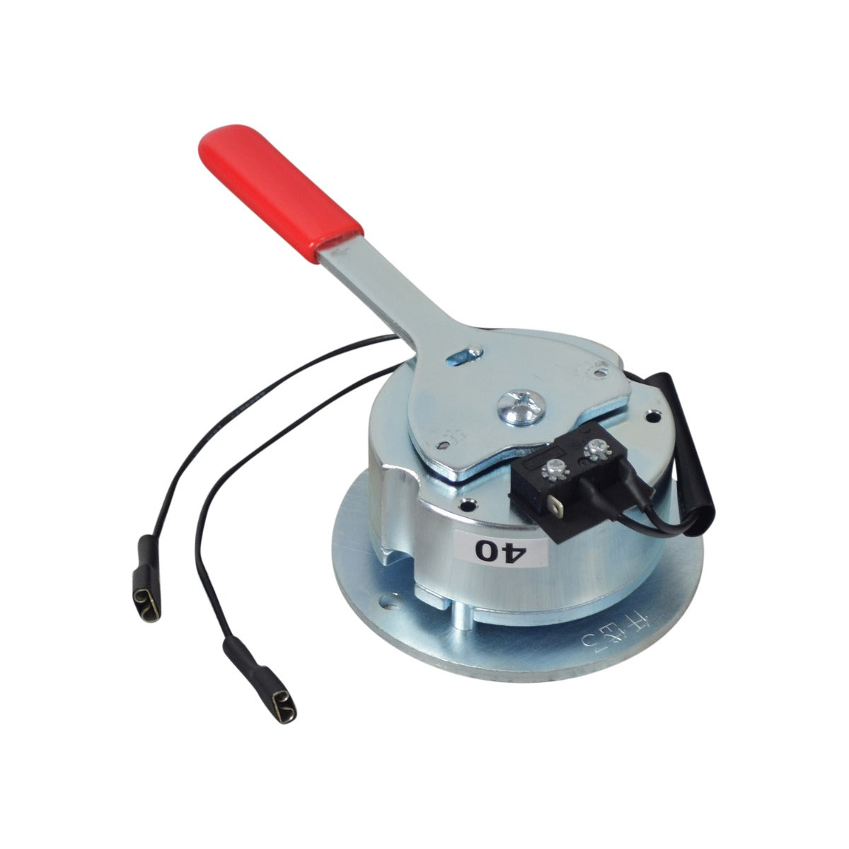 Brake Assembly for the Invacare Lynx L-3 and L-4 mobility scooters, featuring a round metal device with a red handle, including a microswitch and two mounting screws.