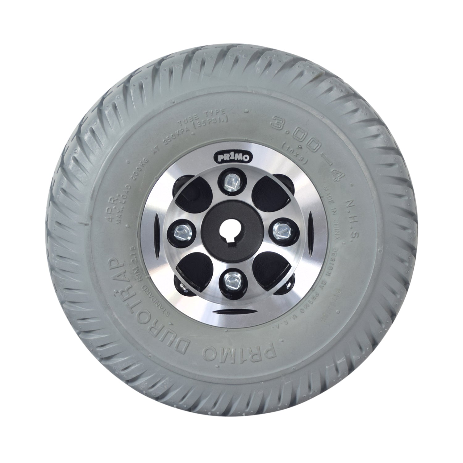 Foam-filled drive wheel assembly for Invacare Pronto power chairs, featuring a 10x3 tire with a 4 silver rim. Ideal for models except Pronto M41.