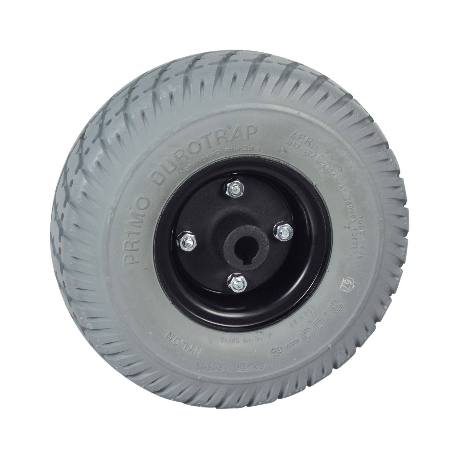 3.00-4 (10x3, 260x85) Foam-Filled Drive Wheel Assembly for Invacare Pronto Power Chairs, featuring a black rim with visible screws and keyhole details.