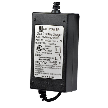 24 Volt 1.0 Amp 3-Prong QL-09005-B2401000H Battery Charger, featuring a black casing with white text, close-up of the charger and cable, highlighting its advanced technology and compatibility with Razor scooters.