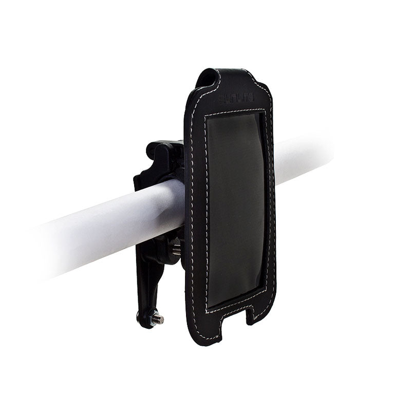 QRS iPhone Handlebar Case by Sunlite, featuring a black, water-resistant 660D polyester design with white stitching, mounted on a white pipe, showcasing a secure quick-release system for cyclists.