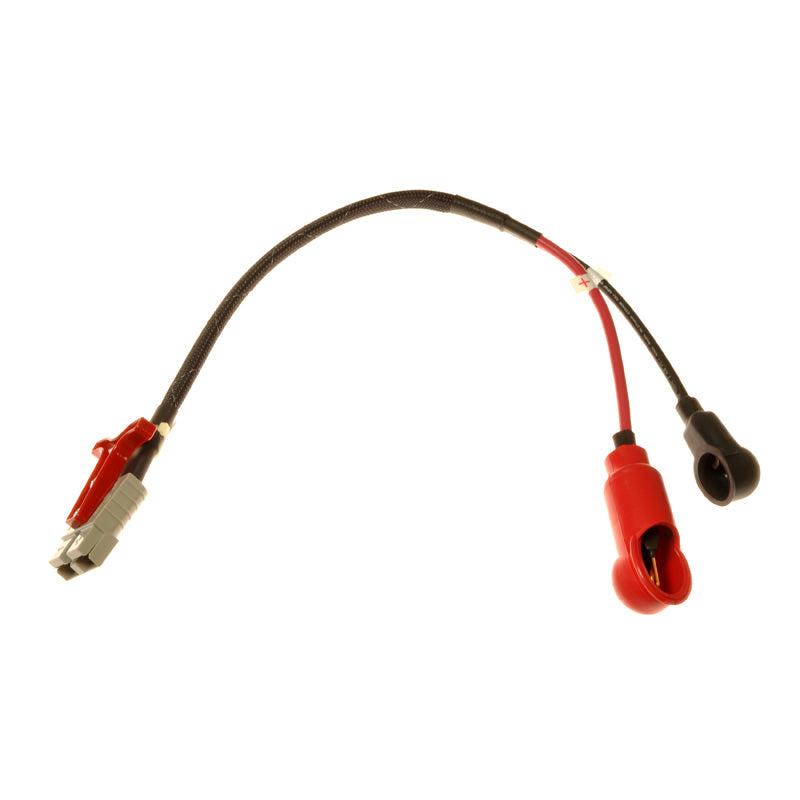 Quick Disconnect Battery Cable with Fuseable Link for Quantum Power Chairs, featuring red and black wires with clippings, designed for easy battery replacement in various Quantum power chair models.