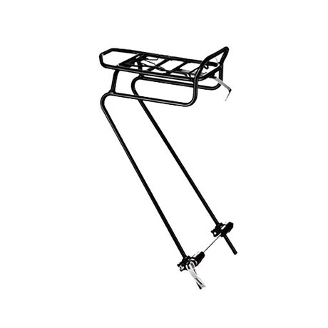 Quick Release Front Rack by Sunlite, crafted from tubular 6061-T6 alloy, adjustable for 26 and 700c wheels, features a black metal design with a black handle, mounts via wheel quick release/caliper hole.