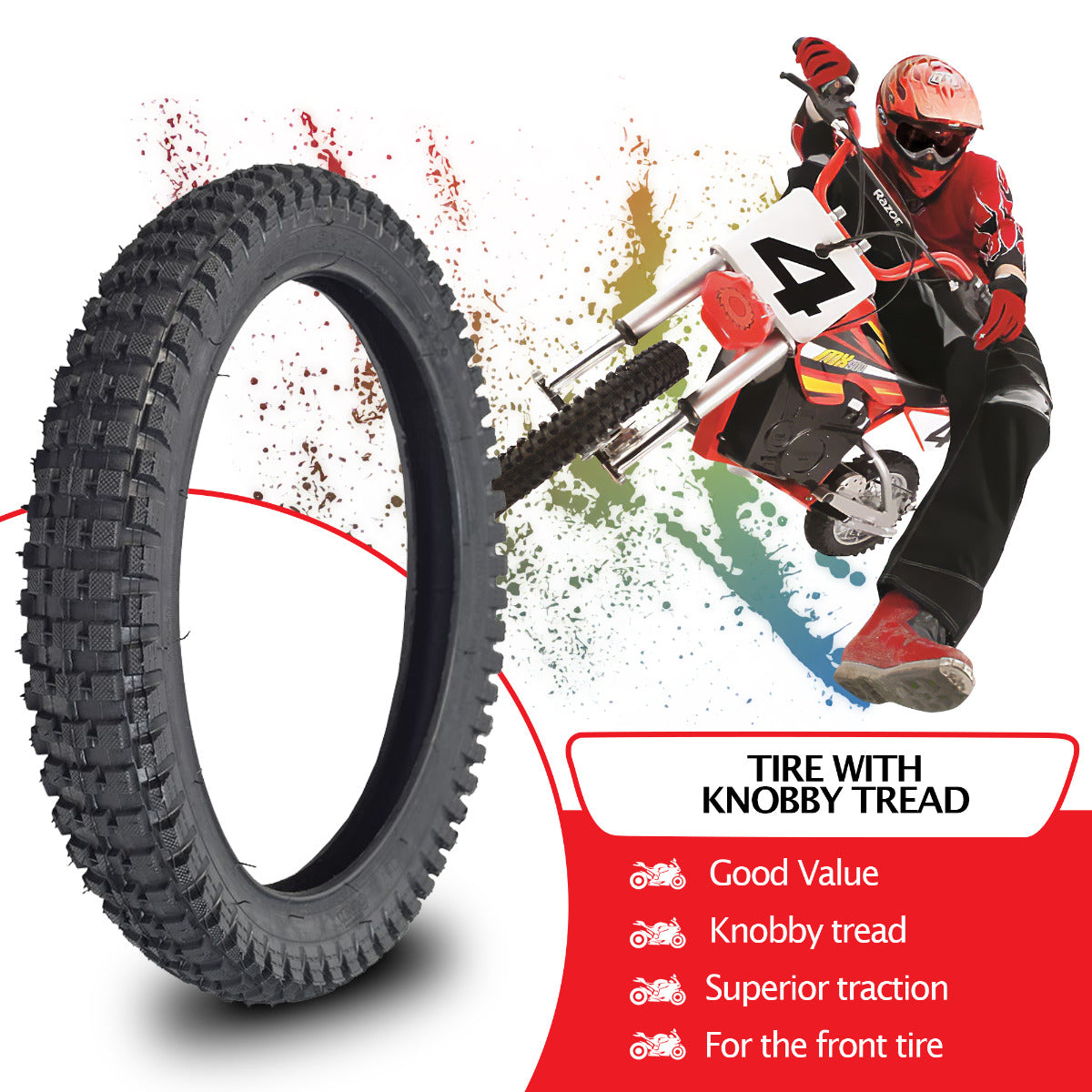 16x2.4 (64-305) Front Tire and Tube Set with Q204 Knobby Tread for Razor MX500 & Razor MX650 Dirt Bikes, featuring a close-up of the tire's distinctive tread pattern.