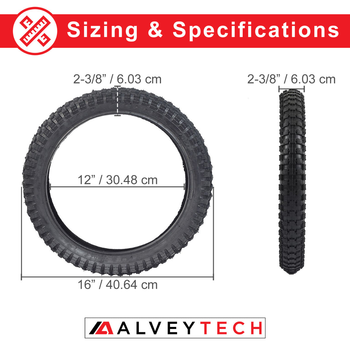 16x2.4 (64-305) Front Tire and Tube Set with Q204 Knobby Tread for Razor MX500 & Razor MX650 Dirt Bikes, shown with tire measurements and size chart.