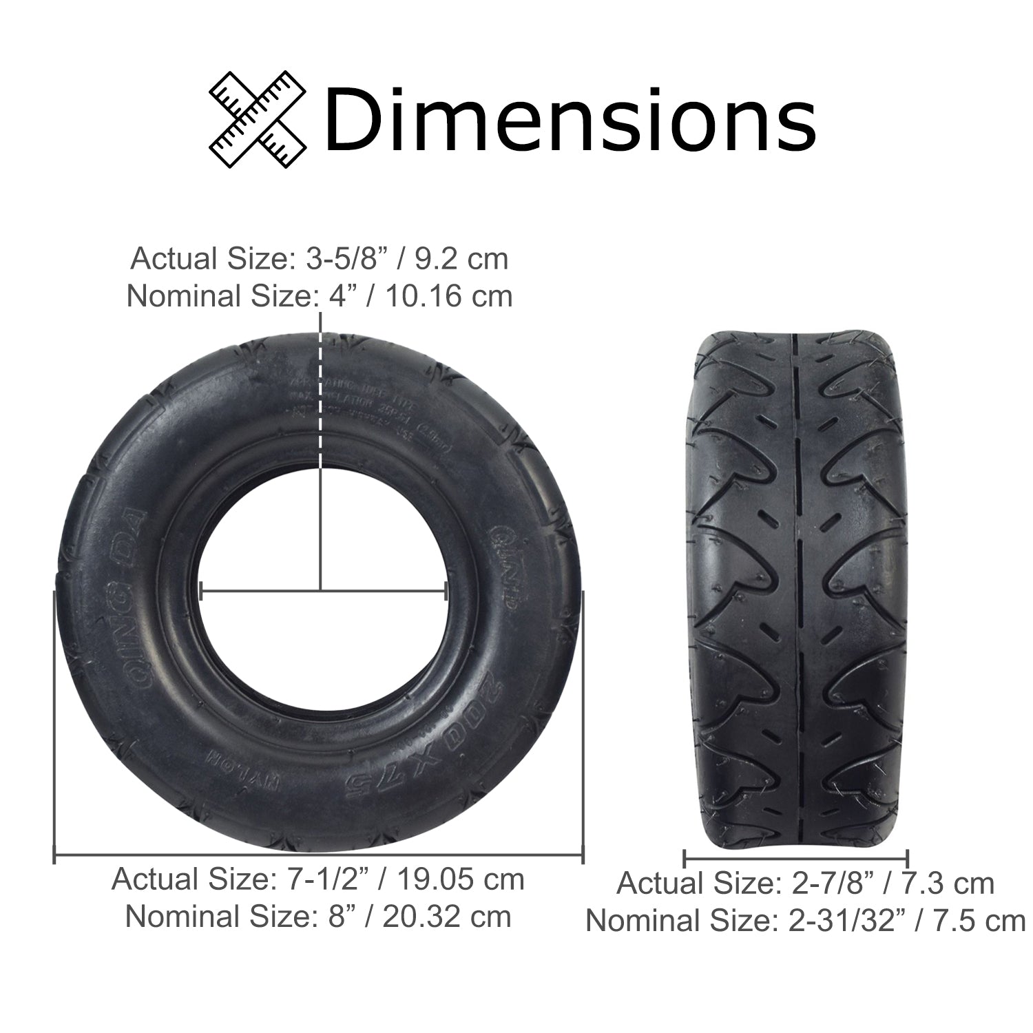 200x75 Scooter Tire with QD122 Tread, showcasing a close-up view of the slick tread pattern, suitable for Bladez gas and electric scooters. Verify size compatibility via sidewall or owner's manual.