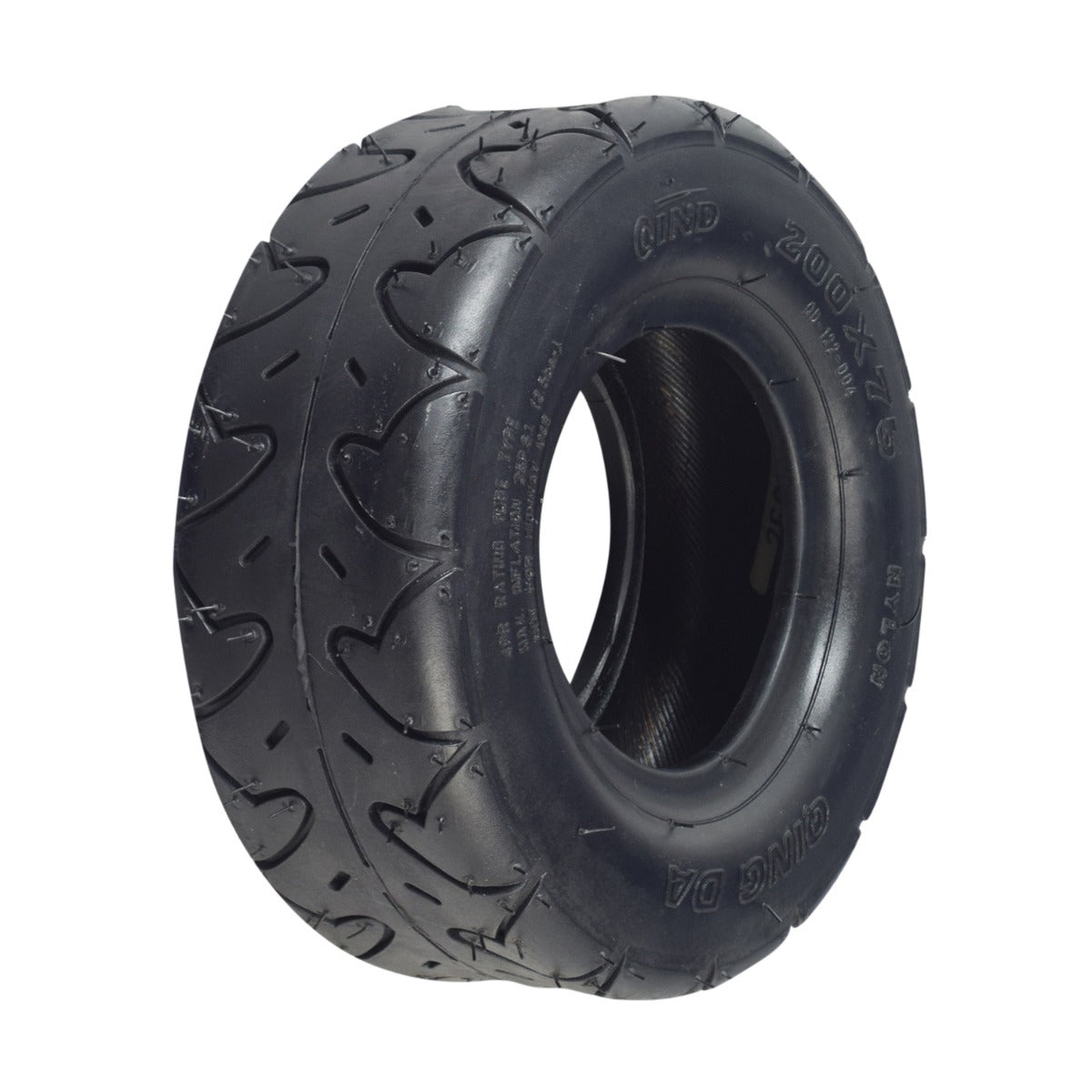 200x75 Scooter Tire with QD122 Tread featuring a slick, heart-patterned design, suitable for Bladez scooters. Close-up highlights the detailed tread and central hole.