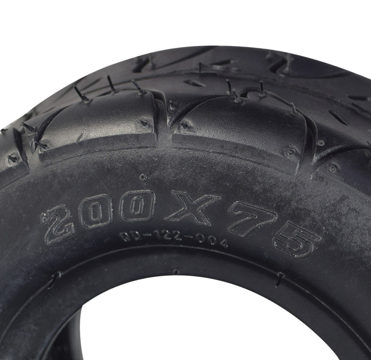 Close-up of a 200x75 Scooter Tire with QD122 Tread, showing detailed tread pattern, size markings, and part of the manufacturer's logo, suitable for Bladez gas and electric scooters.