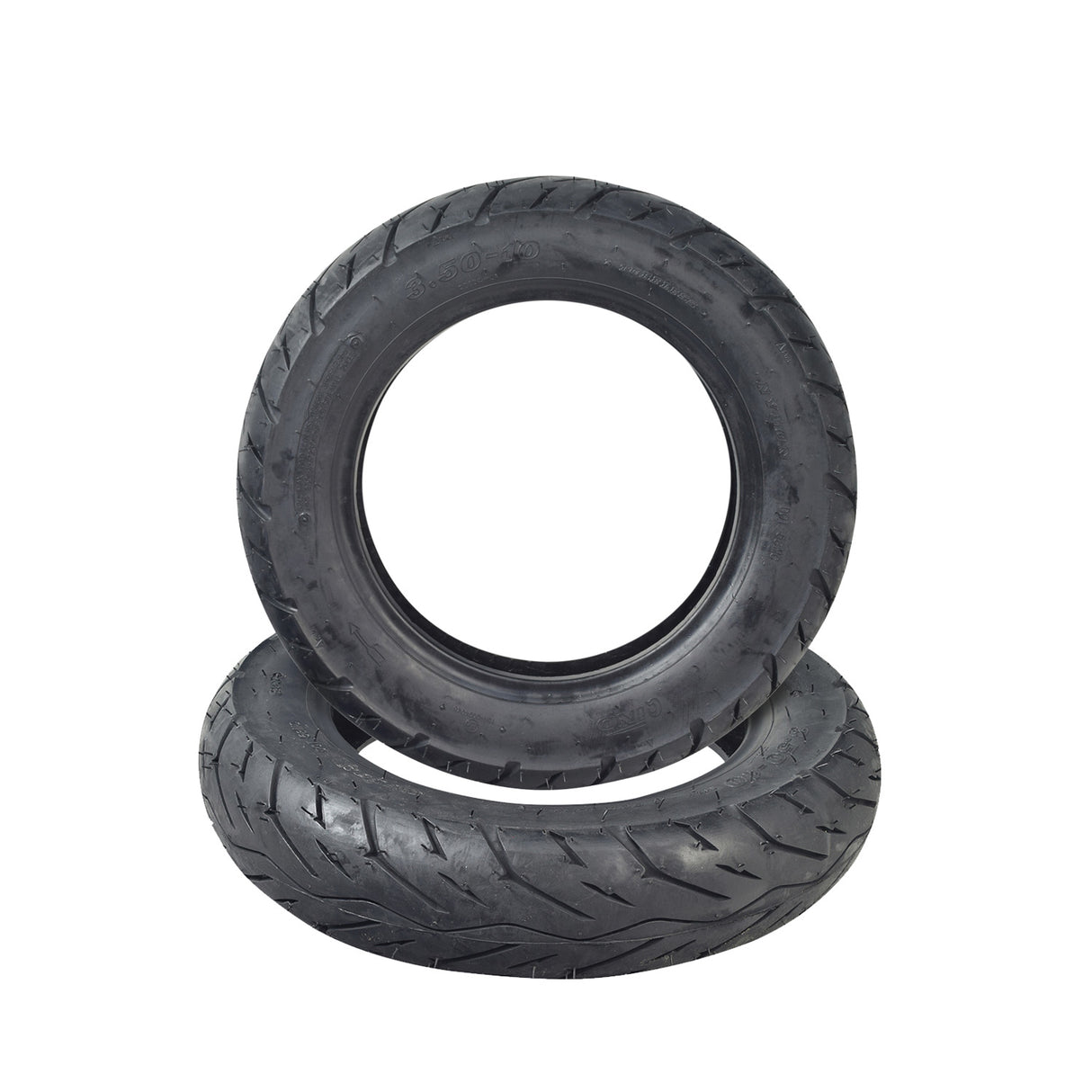 3.50-10 (100/90-10) Tubeless Scooter Tire with QD004 Tread, shown as a pair of black tires with detailed street tread, ideal for vintage and modern motor scooters.