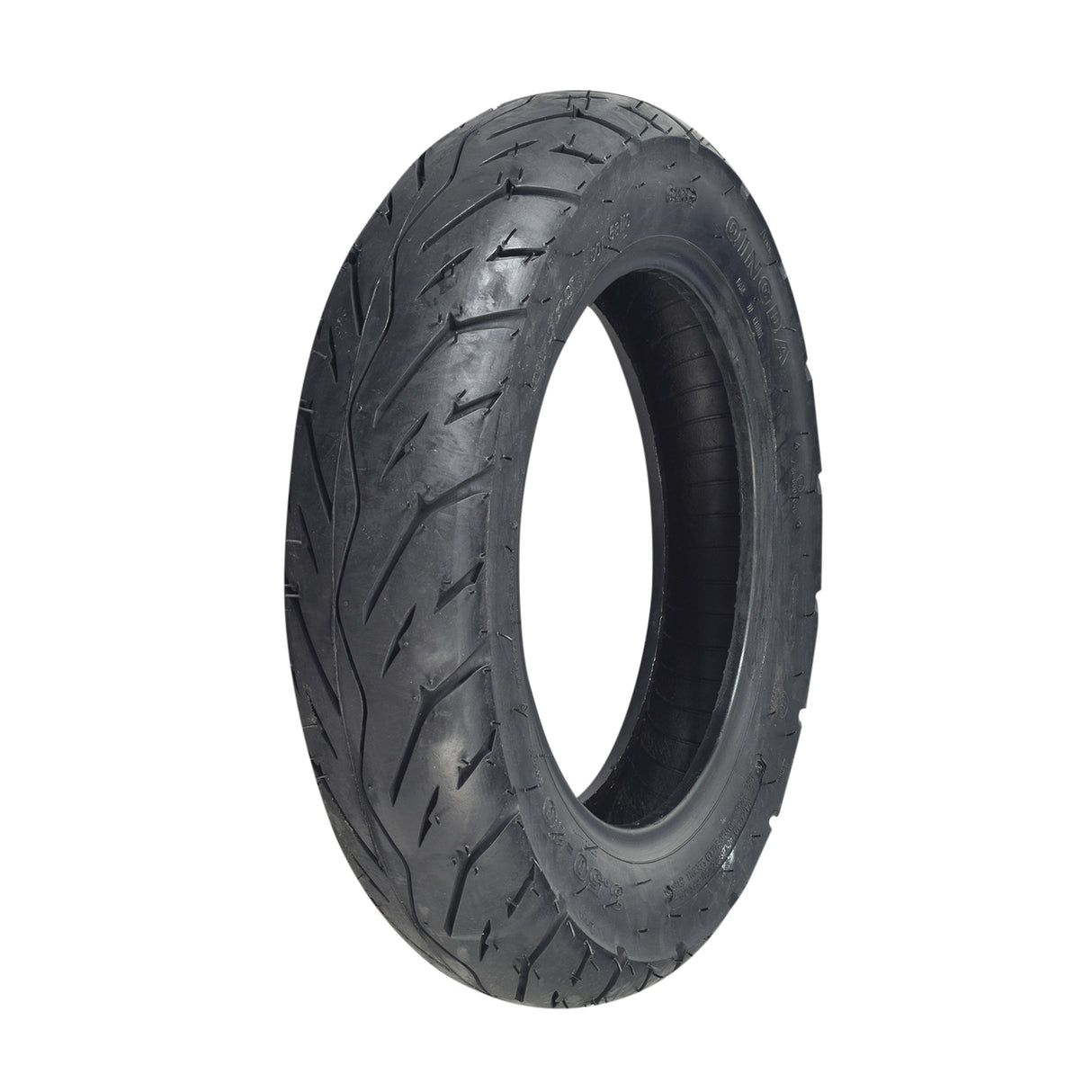 3.50-10 (100/90-10) Tubeless Scooter Tire with QD004 Tread, featuring a close-up view of the tire’s thin tread and durable black synthetic rubber, suitable for both vintage and modern scooters.