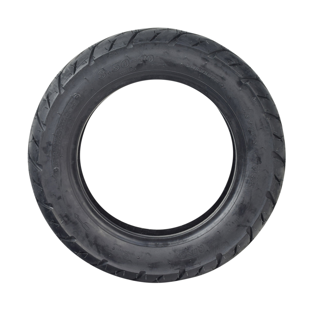 3.50-10 (100/90-10) Tubeless Scooter Tire with QD004 Tread, featuring durable synthetic rubber and a classic street tread, ideal for vintage and modern motor scooters.