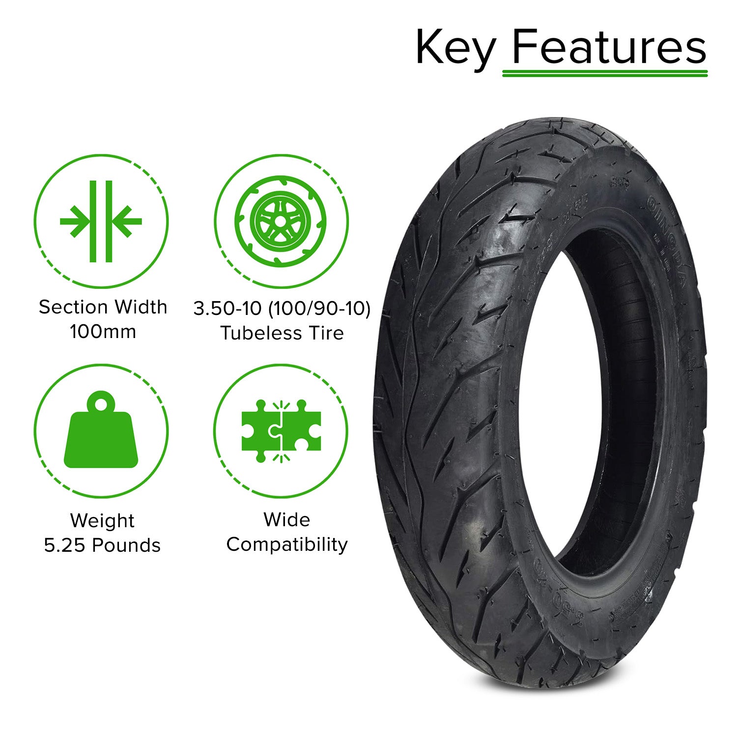 3.50-10 (100/90-10) Tubeless Scooter Tire with QD004 Tread, showcasing a black tire with thin tread. Green symbols and text overlay indicating eco-friendly and street-legal features.