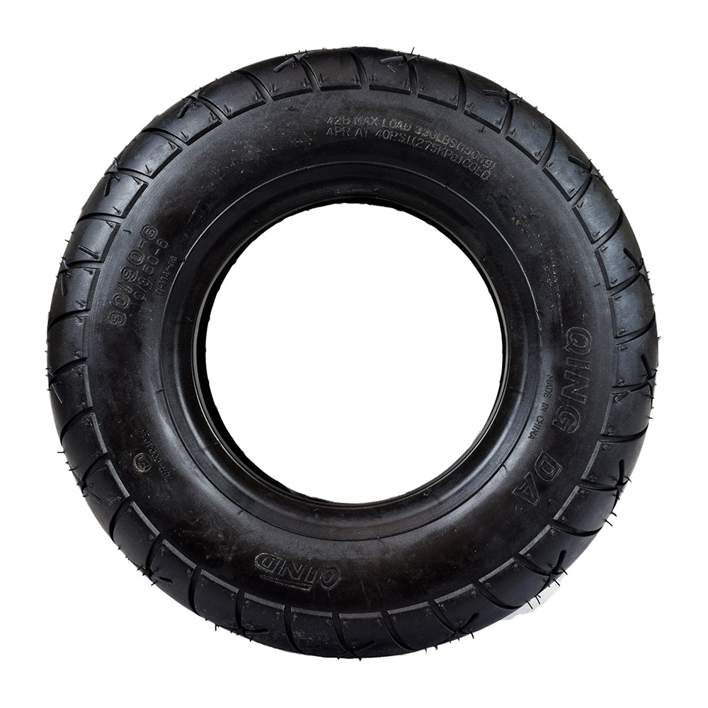 4.10/3.50-6 (90/90-6) Rear Tire for the Razor Rebellion Chopper featuring a distinct Q114 tread pattern, suitable for various mini bikes, visible close-up detailing of the logo and tread.