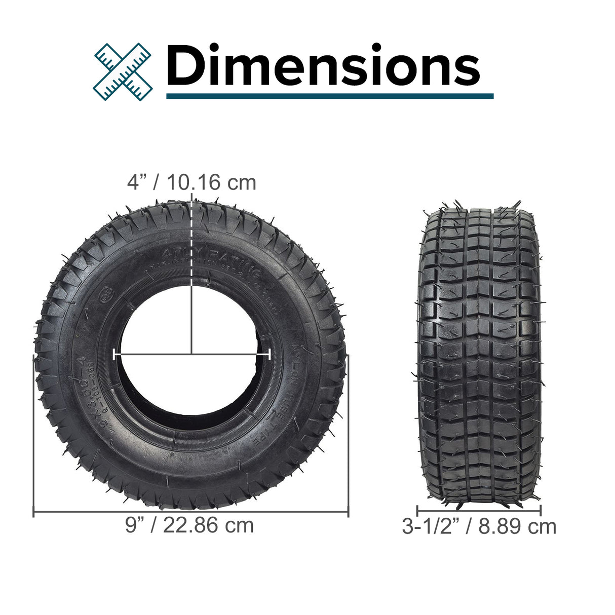 9x3-1/2 (9x3.50-4) Scooter Tire with visible spikes, designed for 3-1/2-4 wide rims, shown alongside a tire size chart and measurements for compatibility reference.