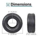 9x3-1/2 (9x3.50-4) Scooter Tire with visible spikes, designed for 3-1/2-4 wide rims, shown alongside a tire size chart and measurements for compatibility reference.