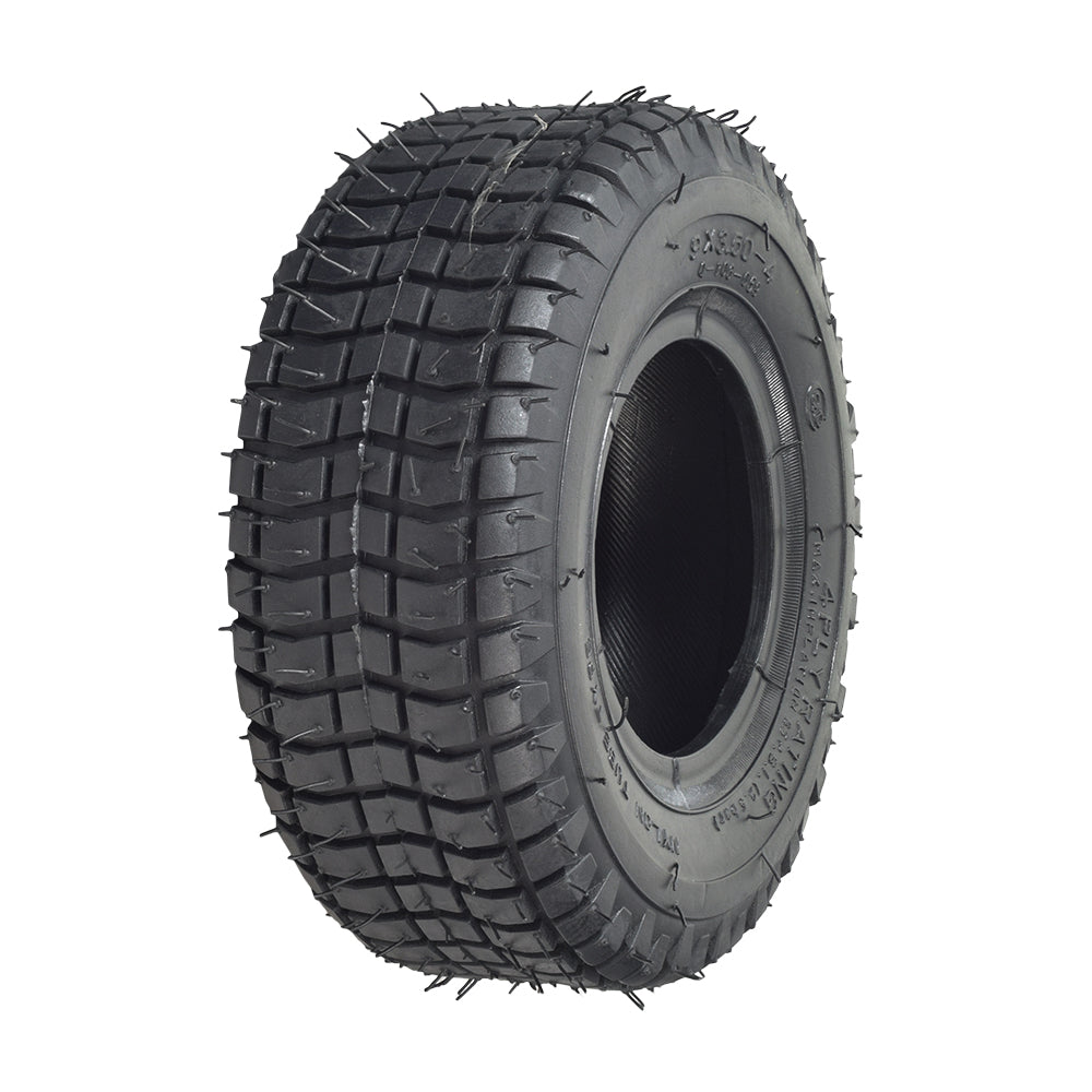 9x3-1/2 (9x3.50-4) Scooter Tire, black with spikes, close-up showing tread detail, suitable for 3-1/2-4 rims, available with an optional inner tube with angled valve stem.