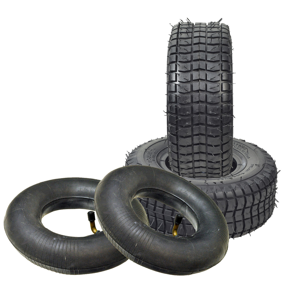 9x3-1/2 (9x3.50-4) Tire for the MotoTec MT-04 Solar Electric Go-Kart shown close up, highlighting tread pattern and optional inner tube with angled valve stem visible.