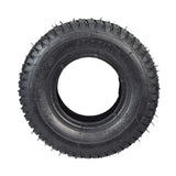 9x3-1/2 (9x3.50-4) Scooter Tire featuring a black, spiked tread pattern, suitable for 3-1/2 to 4 wide rims. Optional inner tube with angled valve stem available.