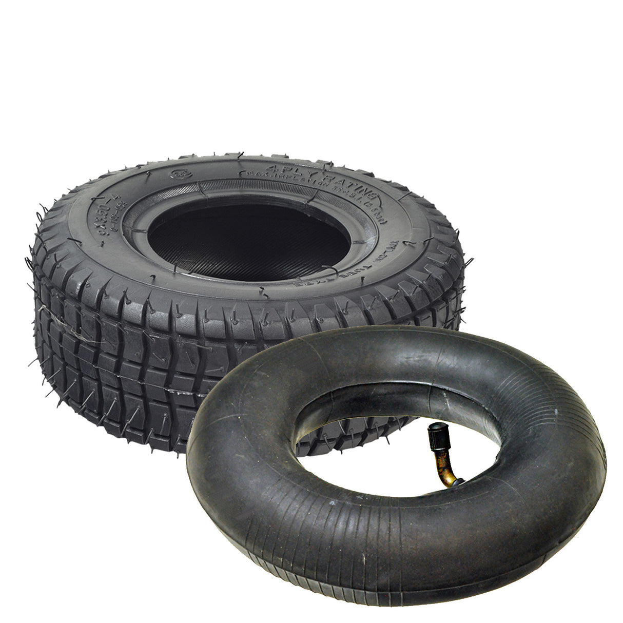 9x3-1/2 (9x3.50-4) Tire for the MotoTec MT-04 Solar Electric Go-Kart, shown with an optional matching inner tube, highlighting its robust tread and compatibility with 3-1/2- 4 rims.